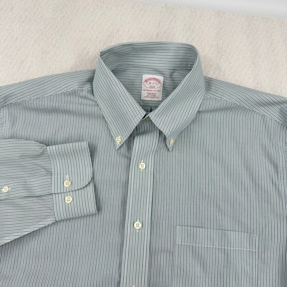 Brooks Brothers 346 Regular Fit Non-Iron Mens Dress Shirt 16-32/33 Green Striped